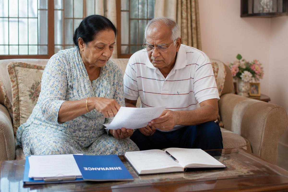 An Indian retired couple reviewing their insurance plan together at home