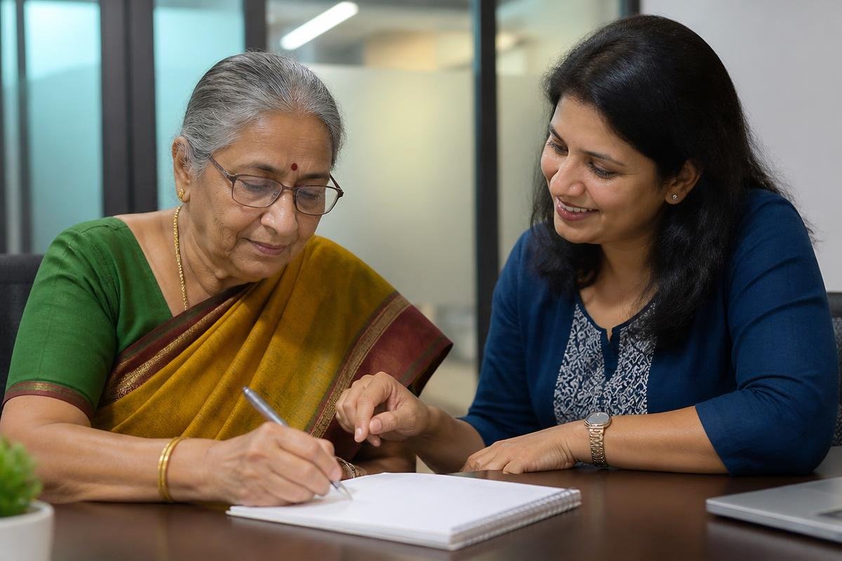 An Indian senior woman being guided one-to-one by a mentor