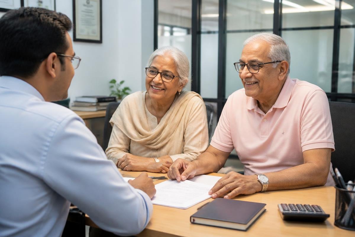 Indian senior advisor explaining a policy to an elderly couple across a table