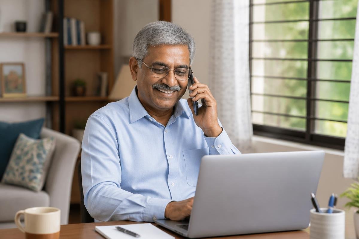 Indian senior man working comfortably from home on a phone call with a laptop